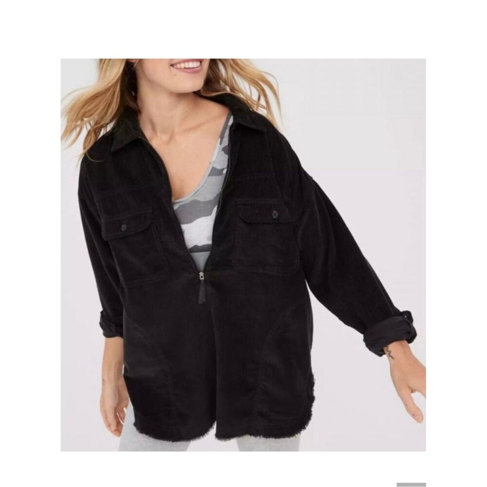 Aerie Offline Corduroy 1/4 Zip Oversized Shacket Black XL